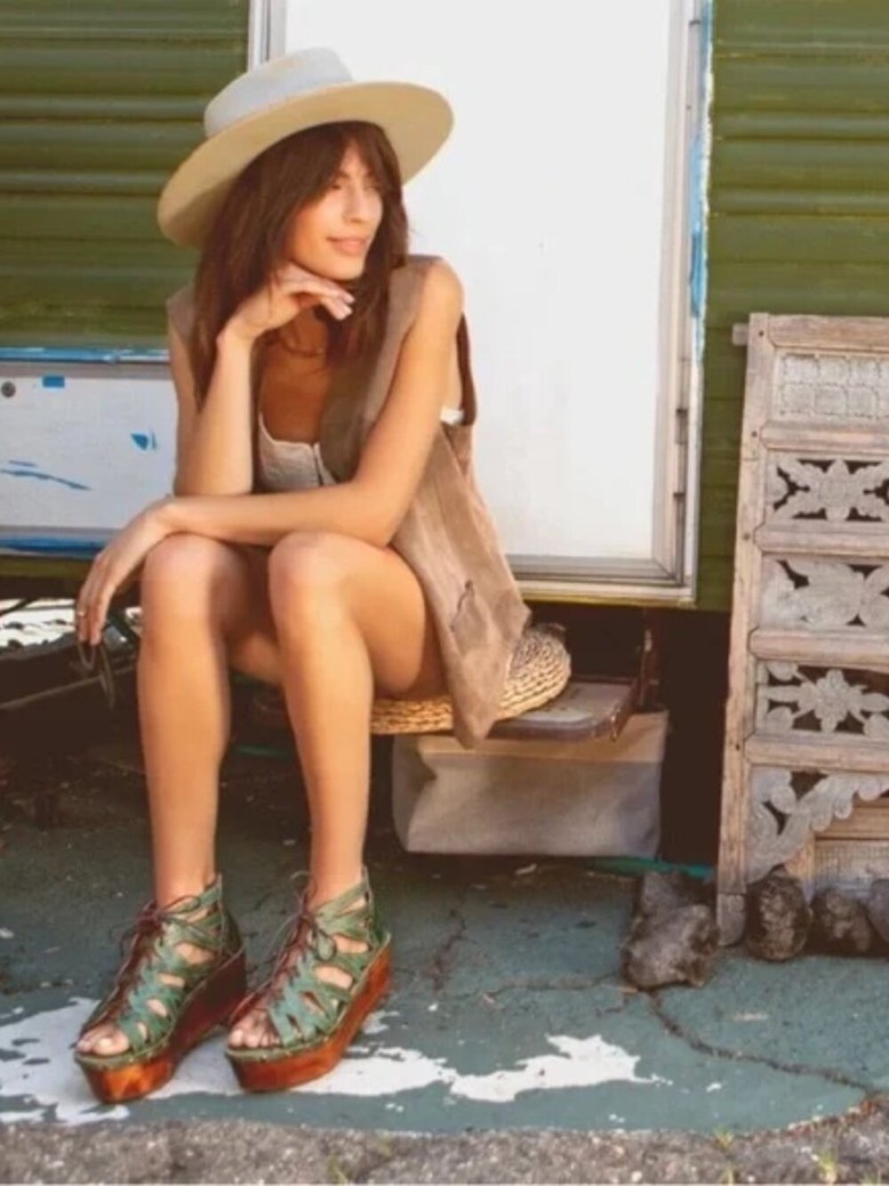 Share NWT Bed Stu Shirin Green Leather Platform Wedge Sandals